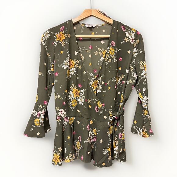 CANDIES floral wrap front tie waist peplum bell sleeve semi sheer top Y2K size M - Picture 1 of 3